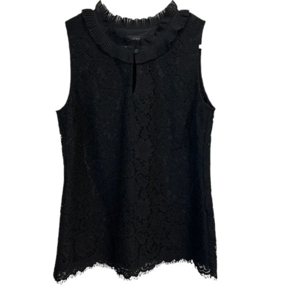J.Crew Lace Top Ruffle Mock Neck Sleeveless Keyhole Black Blouse Size Tall Small